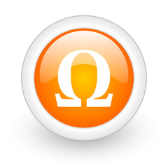 omega orange glossy web icon on white background.