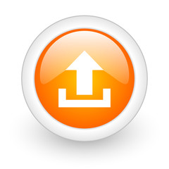 upload orange glossy web icon on white background.