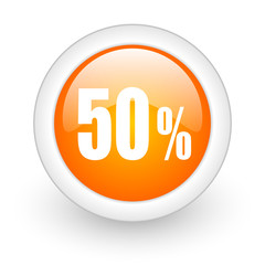 50 percent orange glossy web icon on white background.