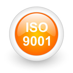 iso 9001 orange glossy web icon on white background.