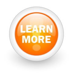 learn more orange glossy web icon on white background.