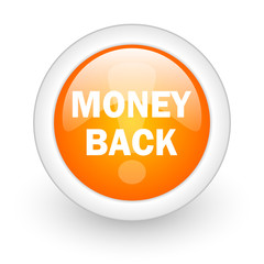 money back orange glossy web icon on white background.