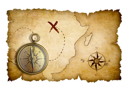Fototapeta Pirates treasure map with compass isolated