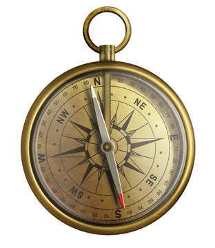 old brass compass, realistic illustration isolated on white