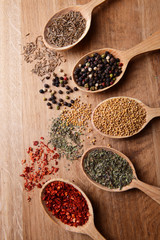 Different spices in spoons on wooden background
