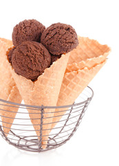 Tasty chocolate ice cream in waffle cone, isolated on white