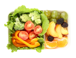 Tasty vegetarian food in plastic box, isolated on white