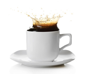 Cup of coffee with splashes, isolated on white