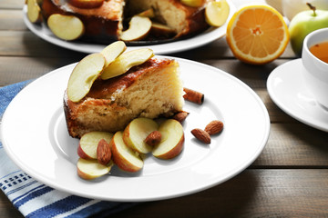 Homemade apple pie served on table, close-up
