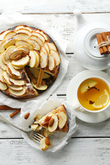 Homemade apple pie served on table, close-up