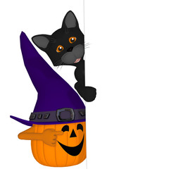 funny cartoon pumpkin with a blank board and black cat