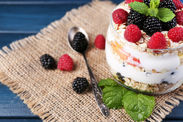 Healthy breakfast - yogurt with  fresh fruit, berries and