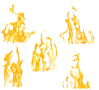collection of five yellow flames isolated on white