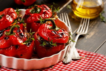 Roasted bell peppers stuffed with rice and mushrooms