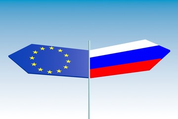 russia and europe union politic problem, flag on road signs
