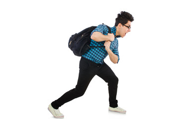 Student with backpack isolated on the white