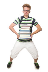 Naklejka premium Funny student with stack of books