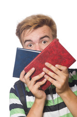 Funny student with stack of books