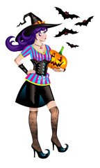 Halloween. Witch with pumpkin and bats.