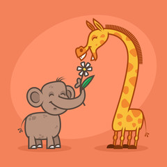 Concept, characters elephant flower and giraffe
