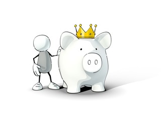 little sketchy man and piggy bank with king crown