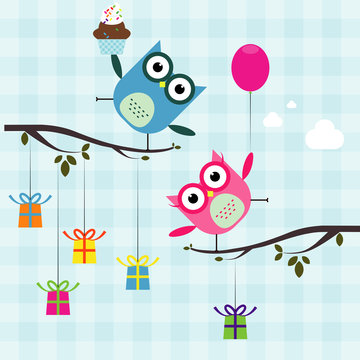 Vector birthday party card with cutes owl on trees