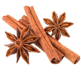 cinnamon stick and star anise spice isolated on white background