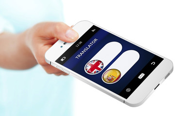 mobile phone with language translator application over white