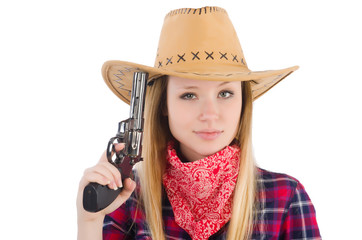 Cowgirl woman with gun isolated on white