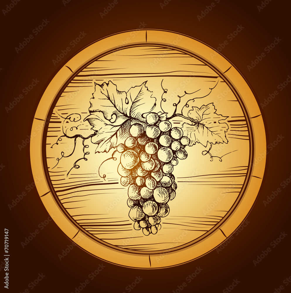 Poster wine cask . labels for wine with grapes. barrel. ceg