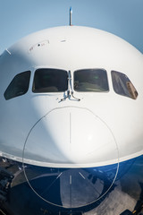 closeup of a passenger jet nose cone