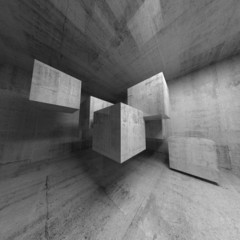 Abstract concrete 3d interior with flying cubes