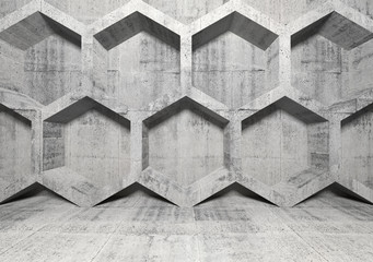 Abstract concrete interior with honeycomb structure on the wall