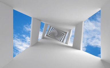 Fototapety  Abstract 3d background with twisted corridor and sky