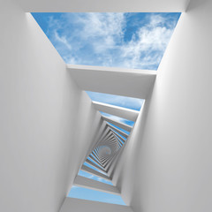 Abstrakter 3D-Hintergrund mit verdrehtem Spiralkorridor und Himmel © evannovostro