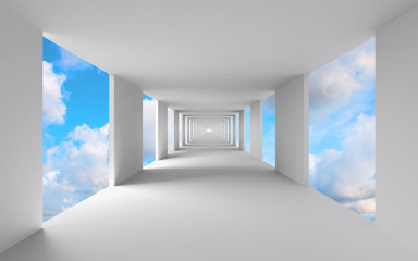 Abstract 3d architecture, empty white corridor with sky