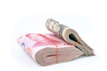 Dollar USA and RMB Chinese on white background.