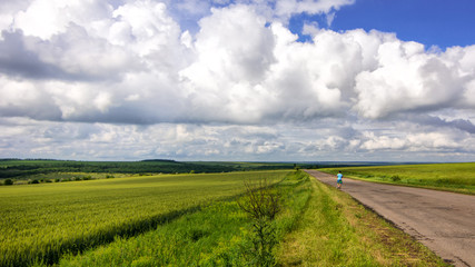 Alone man on country road viewing in wheat field with clouds sto - 70725945