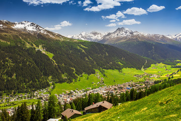 View to Davos city and Swiss Alps fron the top of the Schatzalp