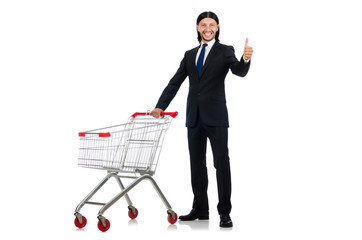 Man shopping with supermarket basket cart isolated on white