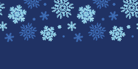 Vector glitter snowflakes dark horizontal border seamless