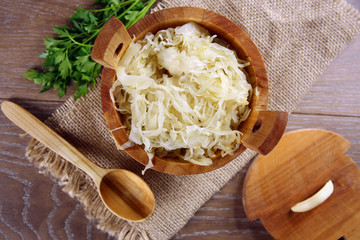 Sauerkraut in a wooden barrel - obrazy, fototapety, plakaty