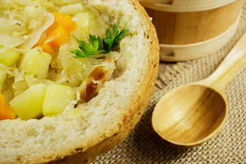 Cabbage soup in a loaf of bread