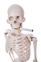 Skeleton smoking cigarette isolated on white