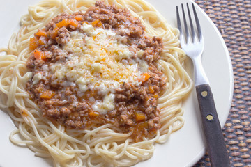Spaghetti bolognese on plate with fork