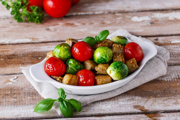roasted vegetables eggplant, brussel sprouts, tomatoes