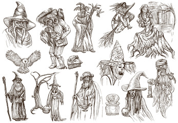 Halloween, Wizard and Witches - An hand drawn pack on white