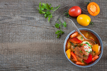 Traditional hungarian dish bograch goulash, top view