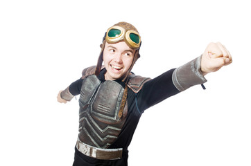 Funny pilot with goggles isolated on white