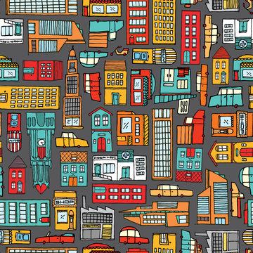 Seamless pattern background of cartoon city